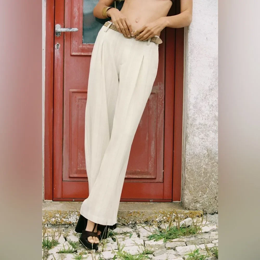 ZARA STRIPED WIDE LEG PANTS WITH BELT